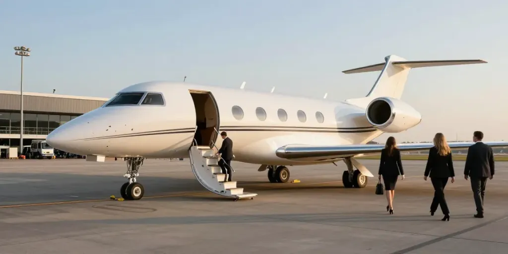 Private jet rental Amsterdam at Schiphol Airport, showcasing luxury travel with passengers boarding a Gulfstream jet.