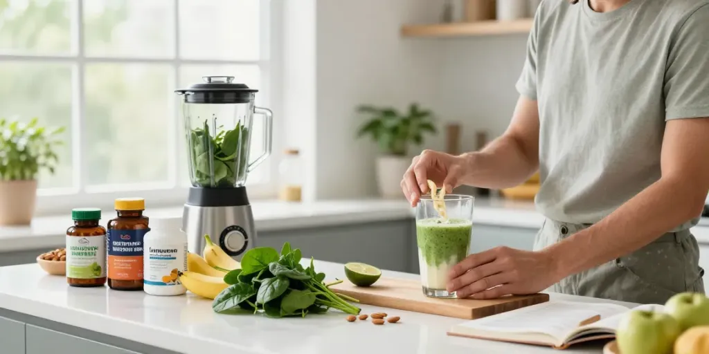 Health-conscious individual preparing a smoothie alongside supplements from https://biolabshop.nl/, in a bright kitchen.