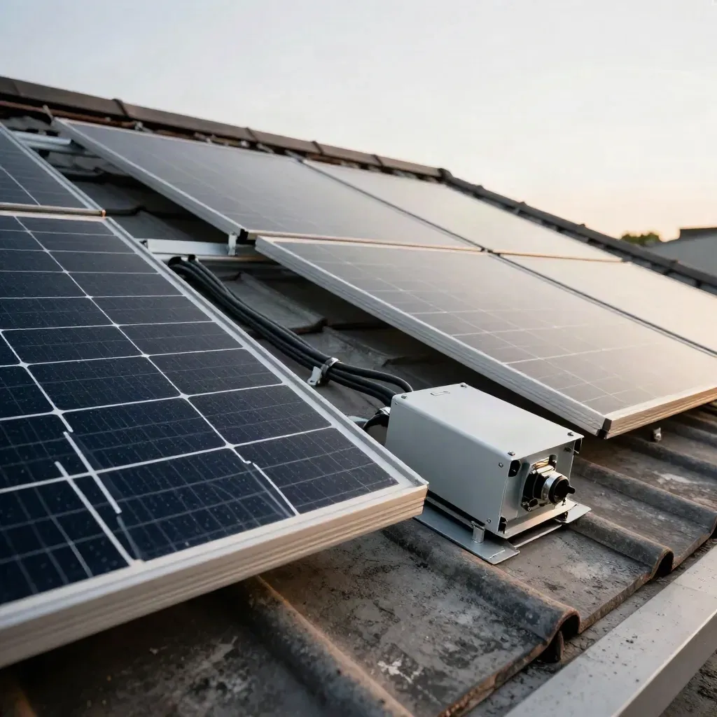 Partiële zonnepanelen op een schuin dak, met kabels en omvormer in montage.