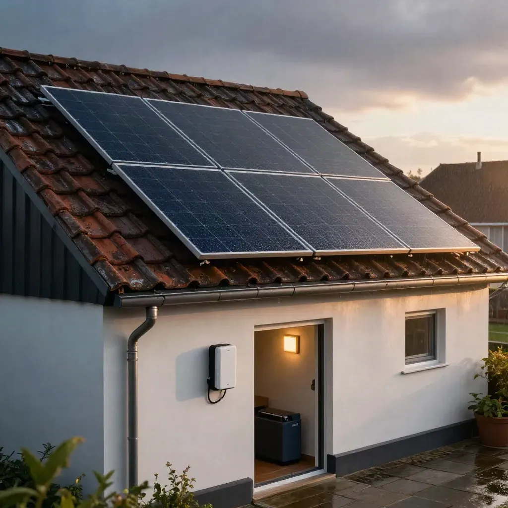 Natte zonnepanelen op een schuin dak met omvormer en thuisbatterij bij avondlicht.