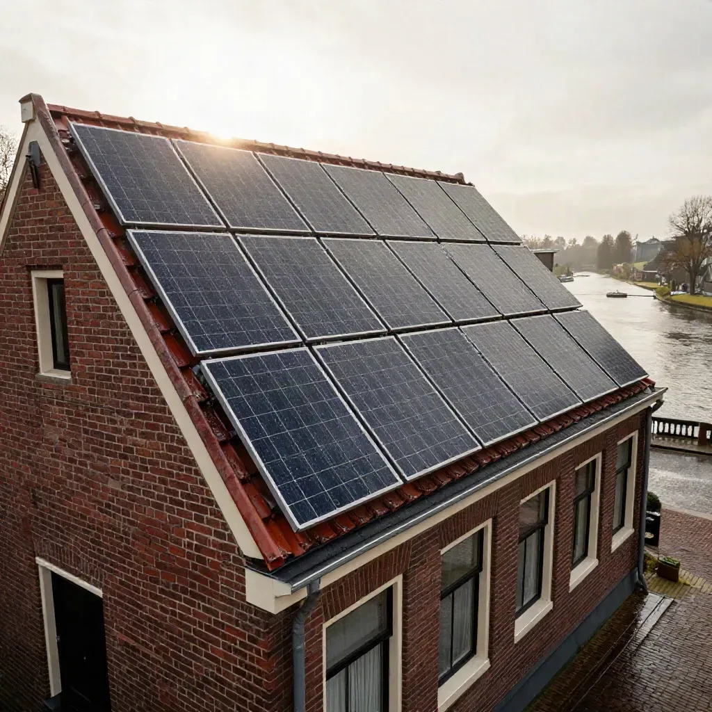 Haarlems daken met zonnepanelen na regen, zacht licht en lichte nevel in de namiddag.