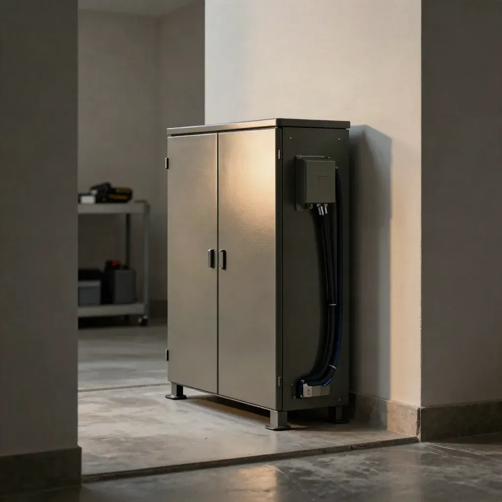 Compacte thuisbatterij in een lichte technische nis met kabels en betonvloer