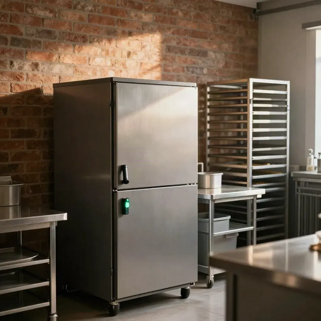 Batterijkast in bakkerijruimte met roestvrijstalen werkbladen en warme bakstenen muur