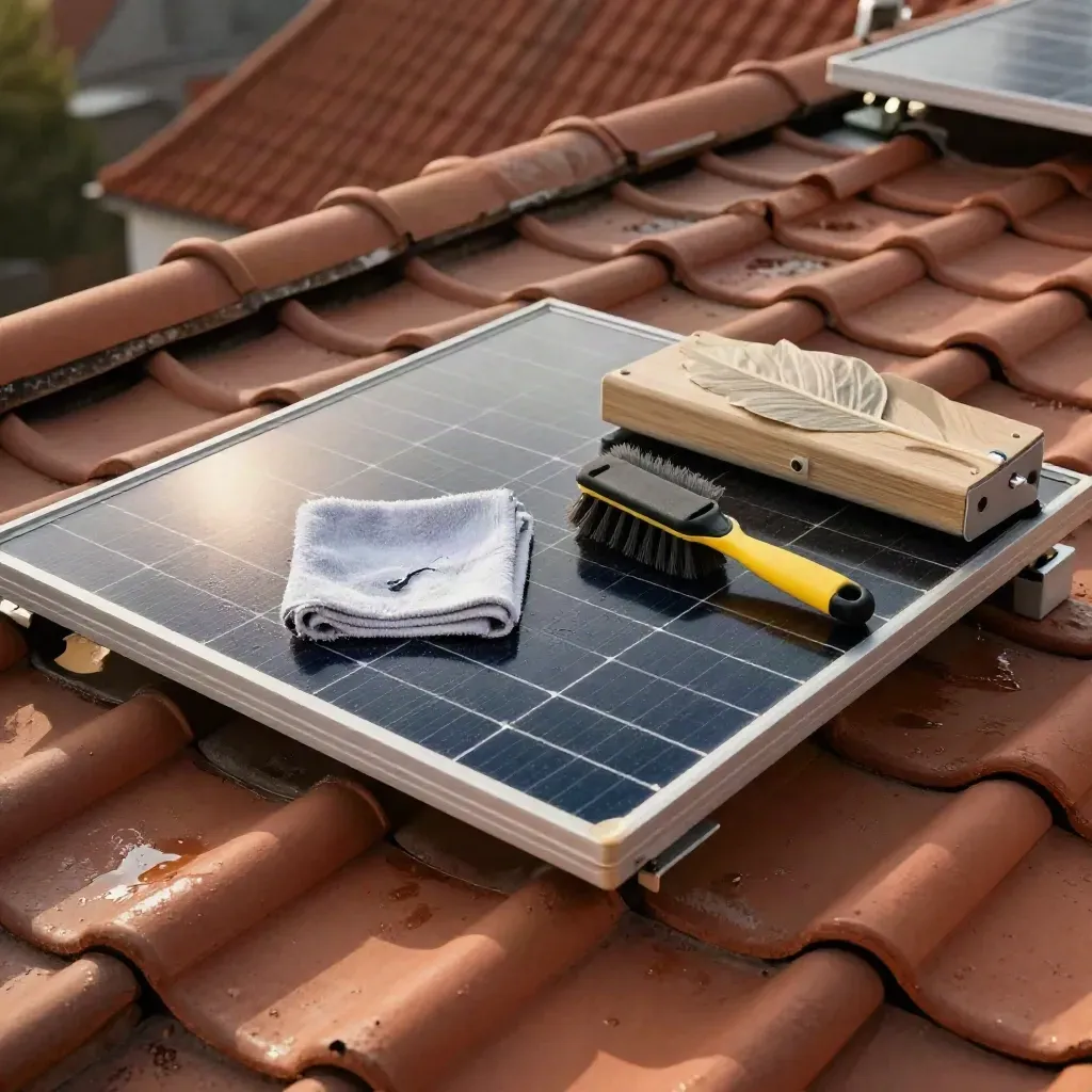 Onderhoudsset voor zonnepanelen op een dakhoek met doek, borstelkop en junctionbox.