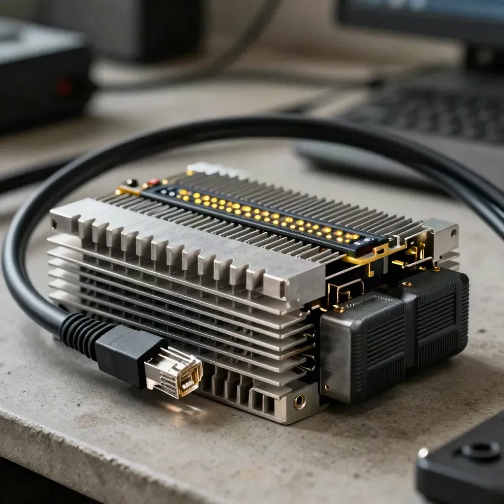 Macro van koelribben, ethernetlus, statusmodule en batterijbehuizing op een lichte werkbank.