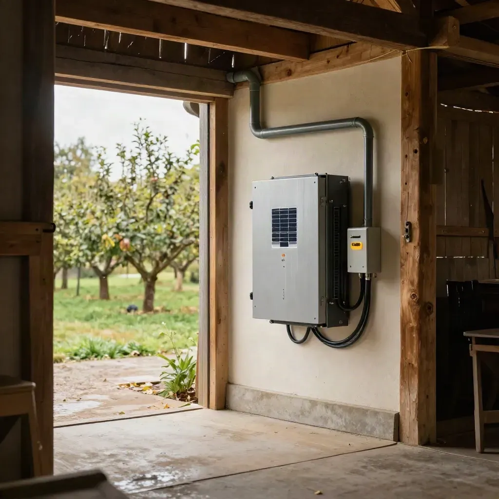 Schuur met nieuwe omvormer en netjes aangelegde kabels, licht valt binnen vanuit de Betuwe-orchard.