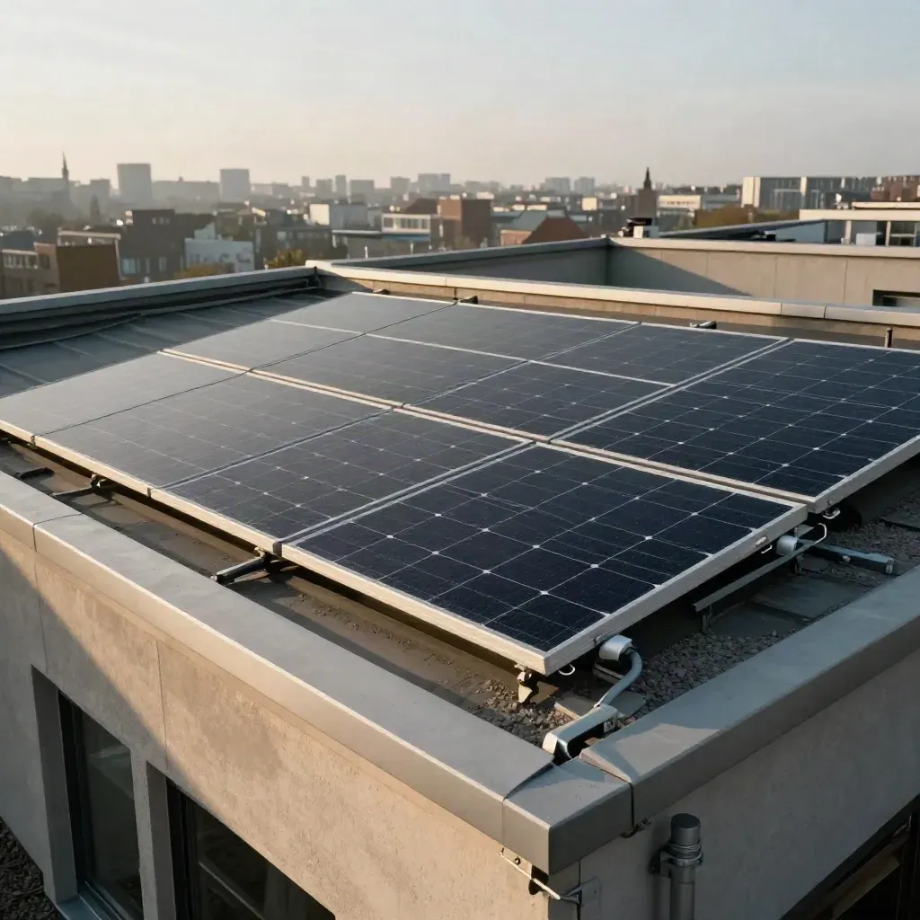 Gereinigde zonnepanelen op een winkelpand in Eindhoven met zachte skyline en ochtendmist.