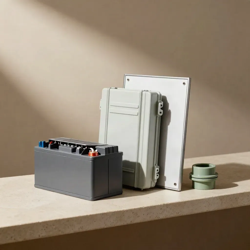 Solarcomponenten op een stenen plank, klaar voor een offerte en plan.