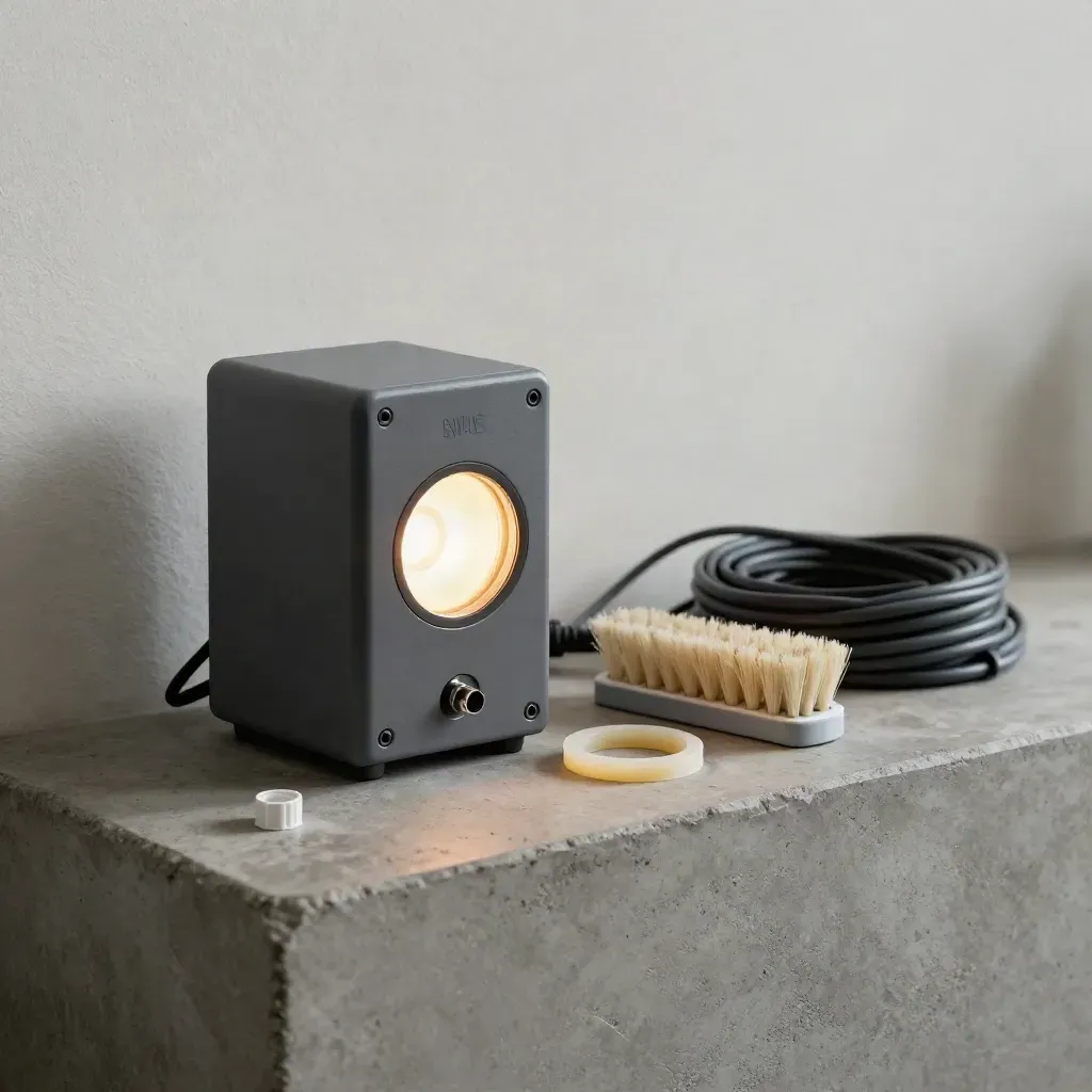 Monitoringgateway met kabel, borstel, gasket en connector op betonnen ledge.