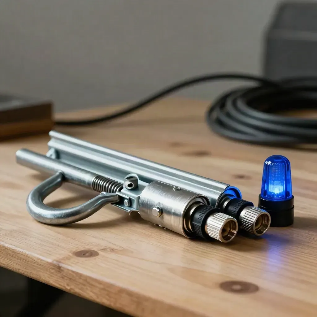 Solar montagematerialen op een lichte houten werkbank met blauw testlampje in zacht daglicht.