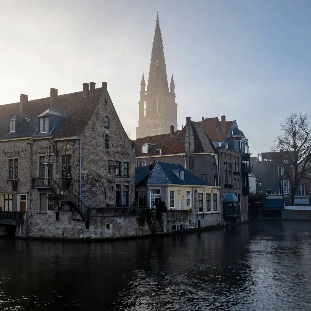 Domtoren boven mistige Utrechtse grachten en daken, met rustige waterlijn.