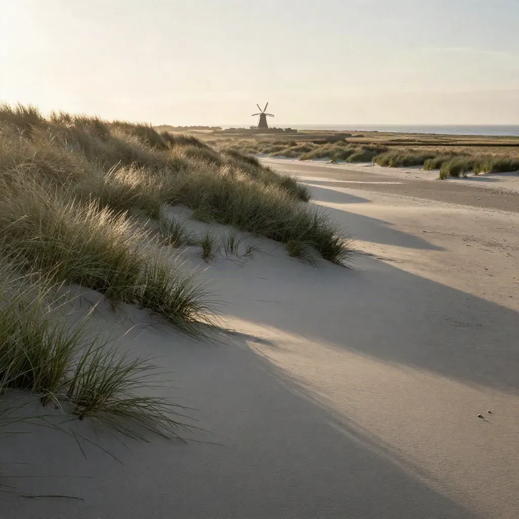 Noord-Holland kust met duin, molen in de verte en rustige polders in gouden avondlicht