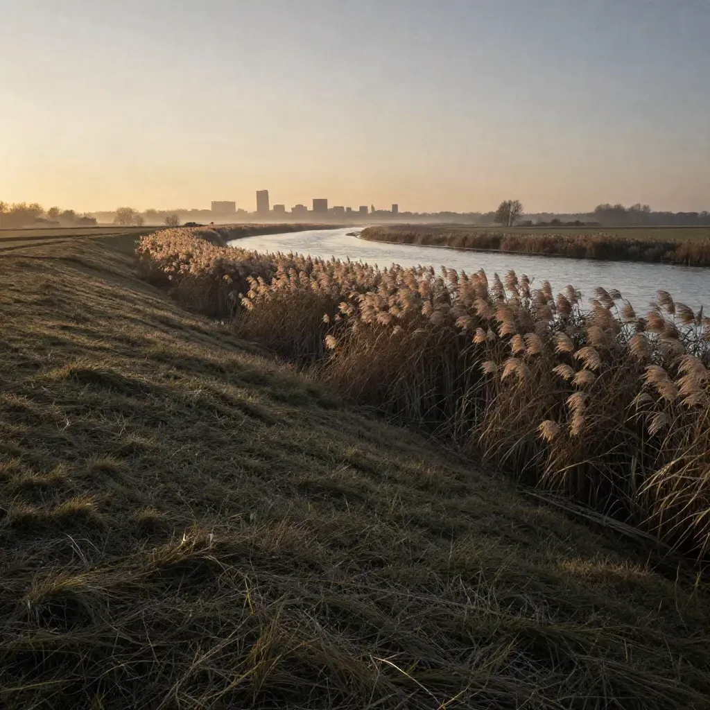 Zuid-Hollands polderland met riet, rivierbocht en skyline in warme avondmist.